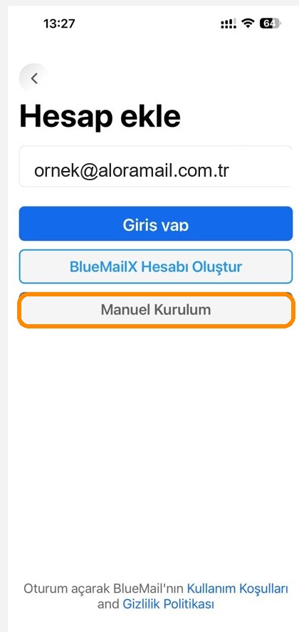 BlueMail Hesap ekle ekranı — e-posta ve Manuel Kurulum