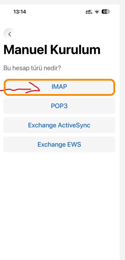 BlueMail Manuel Kurulum — hesap türü IMAP seçimi