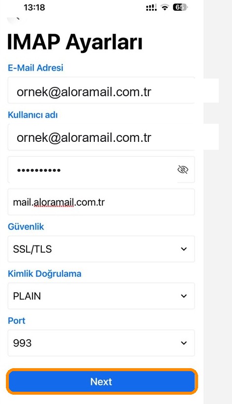 BlueMail IMAP (gelen sunucu) ayarları — sunucu, SSL/TLS, PLAIN, port 993