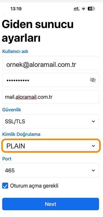 BlueMail giden sunucu (SMTP) ayarları — SSL/TLS, PLAIN, port 465, oturum açma gerekli